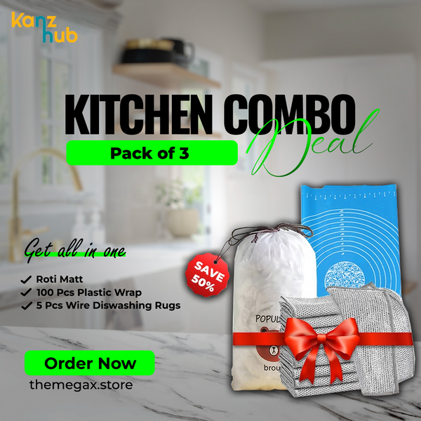 Kitchen Combo Deal Pack Of 3 | 1 Roti Mat, 100 PCS Plastic Wrap, 5 PCS Wire Rags